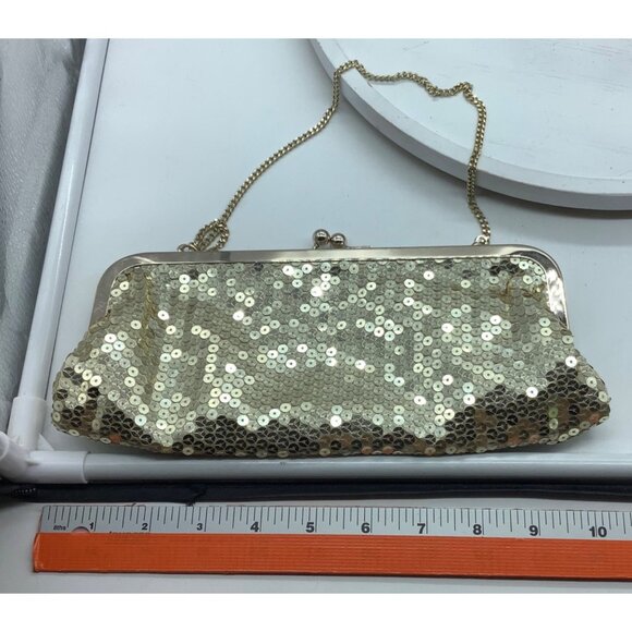 Ann Taylor LOFT Gold Sequin Clutch Purse Chain Strap Kiss Lock Evening Bag - Picture 4 of 6